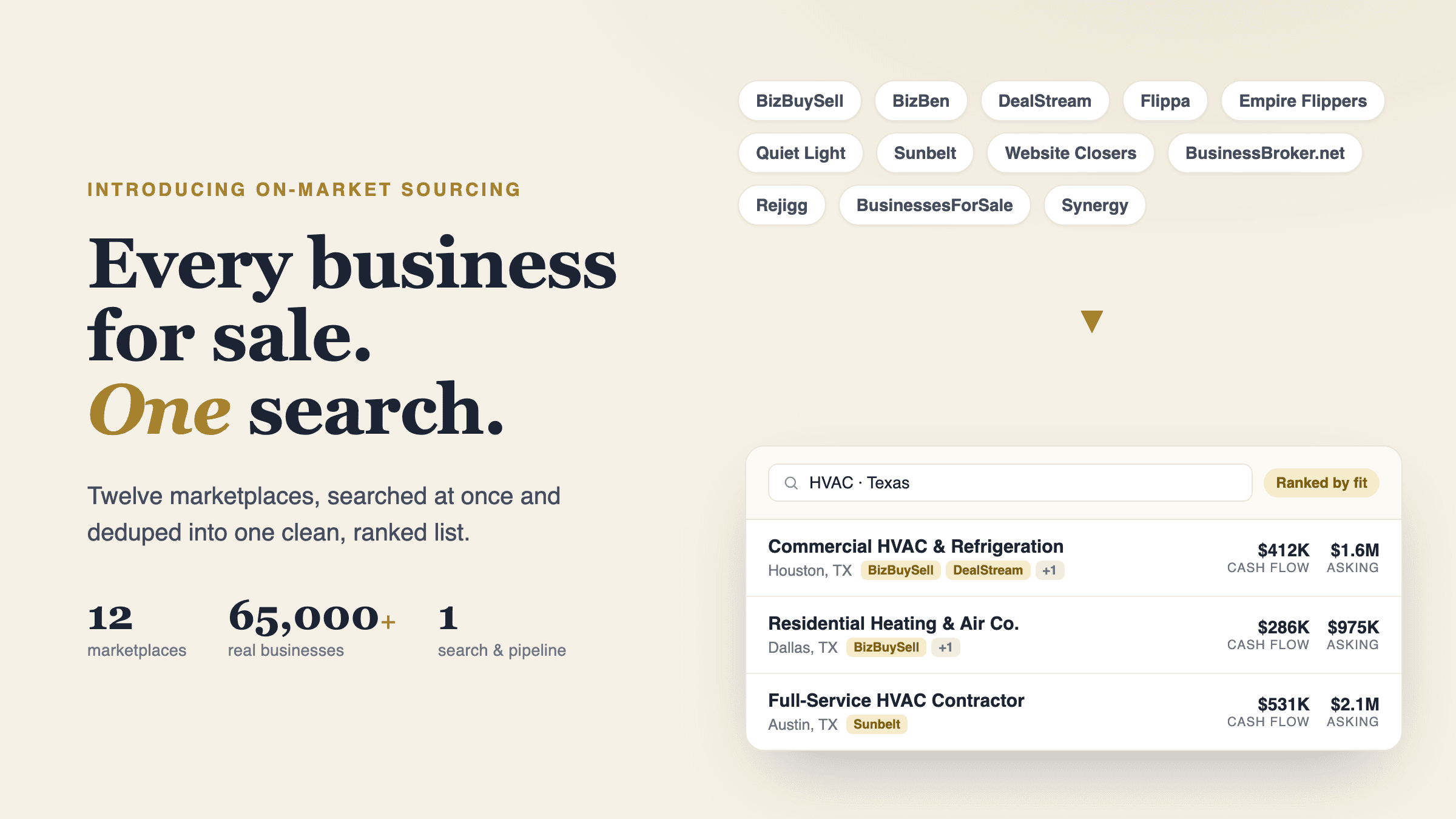 Introducing On-Market Sourcing: Every Business for Sale, 12 Marketplaces, One Search